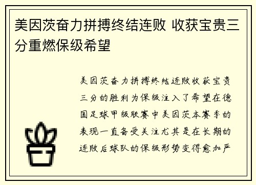 美因茨奋力拼搏终结连败 收获宝贵三分重燃保级希望